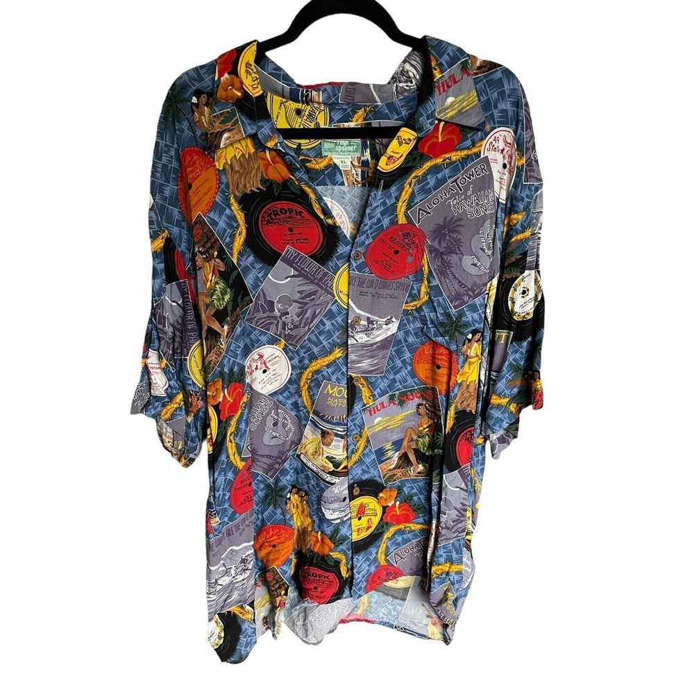 Reyn Spooner Vintage Hawaiian Shirt Size XXL Vinyl Records Hula Girls Aloha Surf
